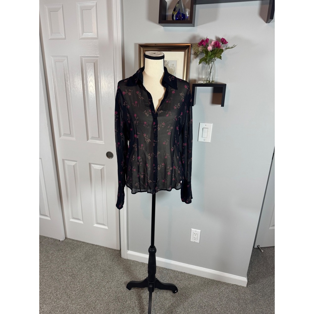 Vintage Y2K Express 100% Silk Floral Sheer Button Down Blouse Black Pink Rose
